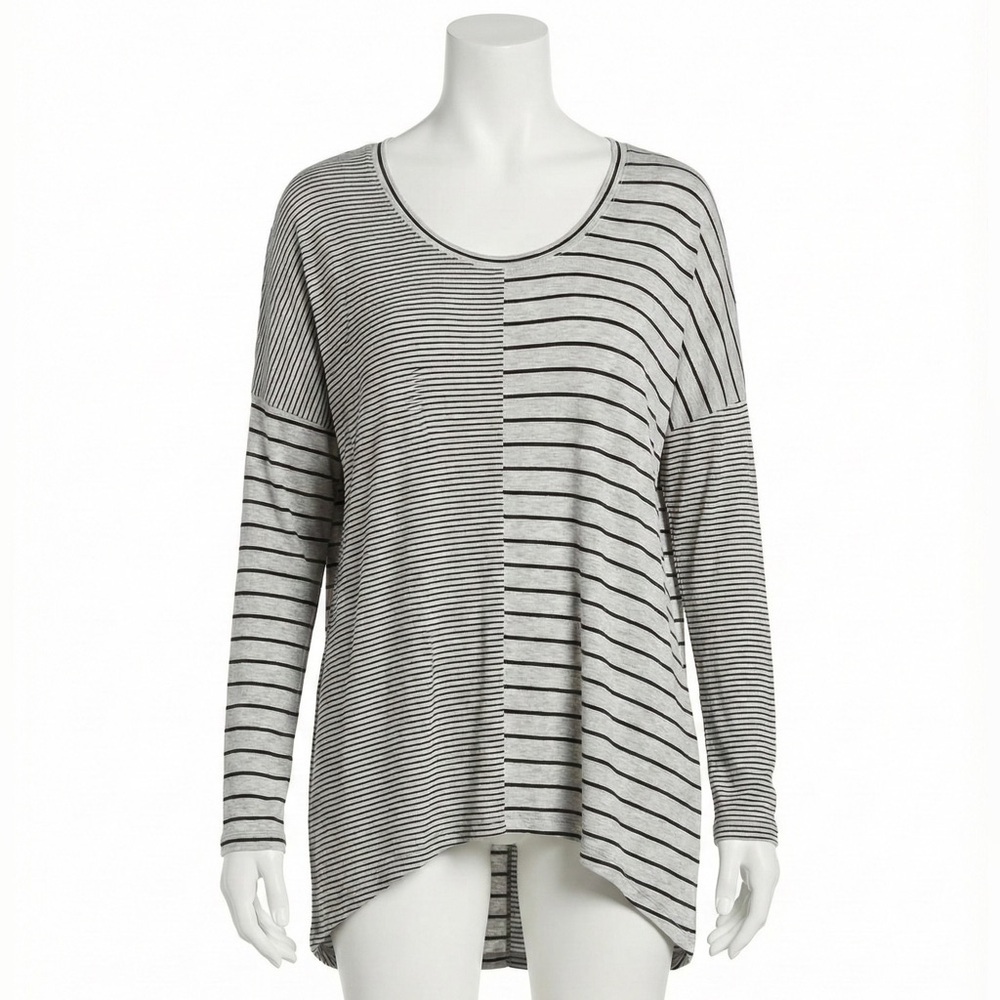 Cabi Pivot Tee Medium Grey Black Striped Mixed Print HiLow Long Sleeve Tunic Top